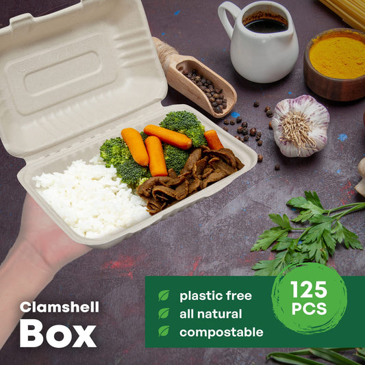DISPOSABLE GREEN Bagasse Clamshell Food Containers, Disposable Food Containers, Takeaway Boxes for Hot, Cold, Wet, & Oily Food, Unbleached Meal Prep