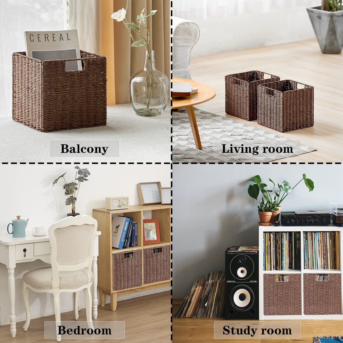 Vagusicc Wicker Baskets, Set of 2 Hand-Woven Paper Rope Foldable Cubby Storage Bins