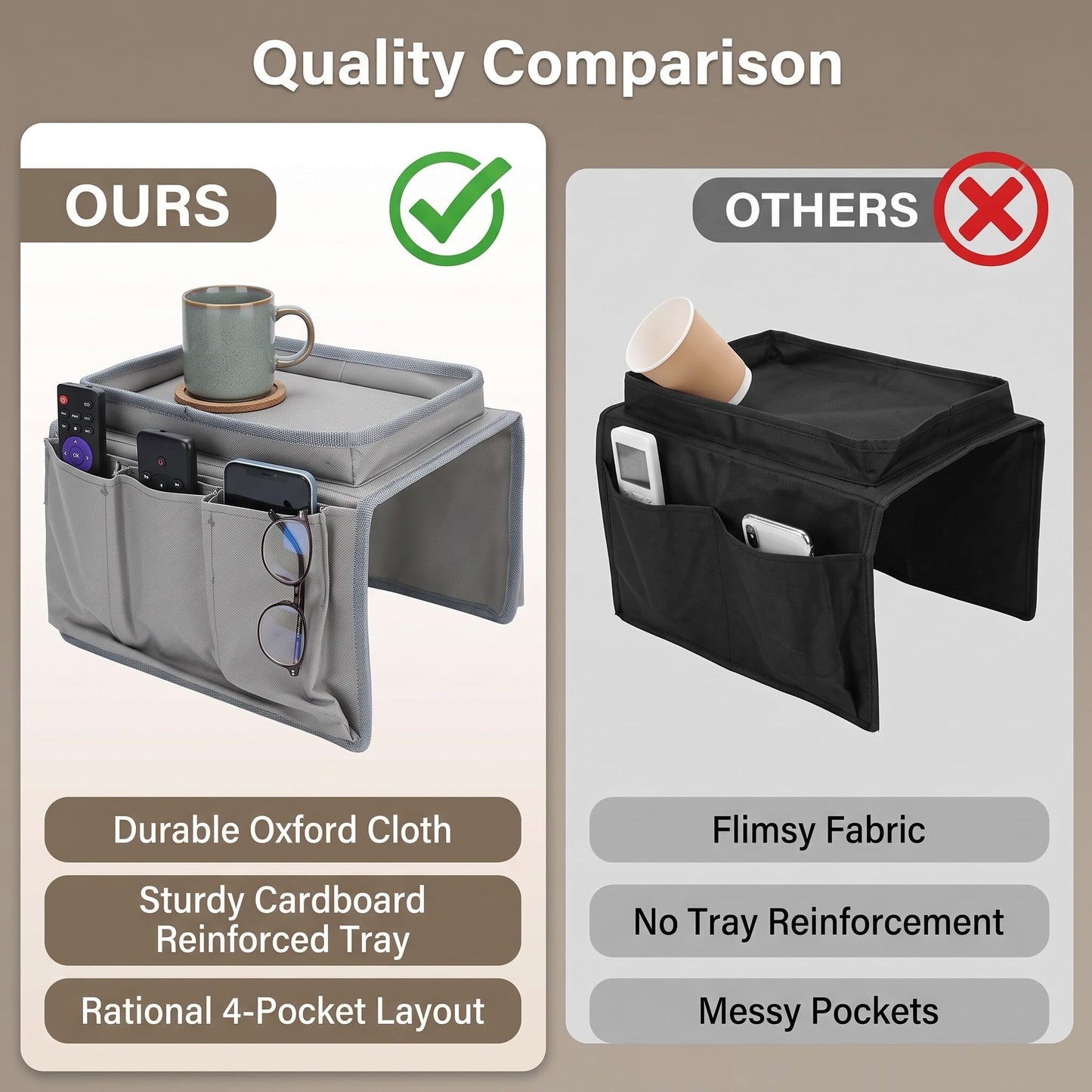 Ejoyous Sofa Armrest Organizer, 4 Pockets Couch Bag for TV Remote Control, Oxford Cloth Armchair Storage with Cup Holder Tray (Gray)