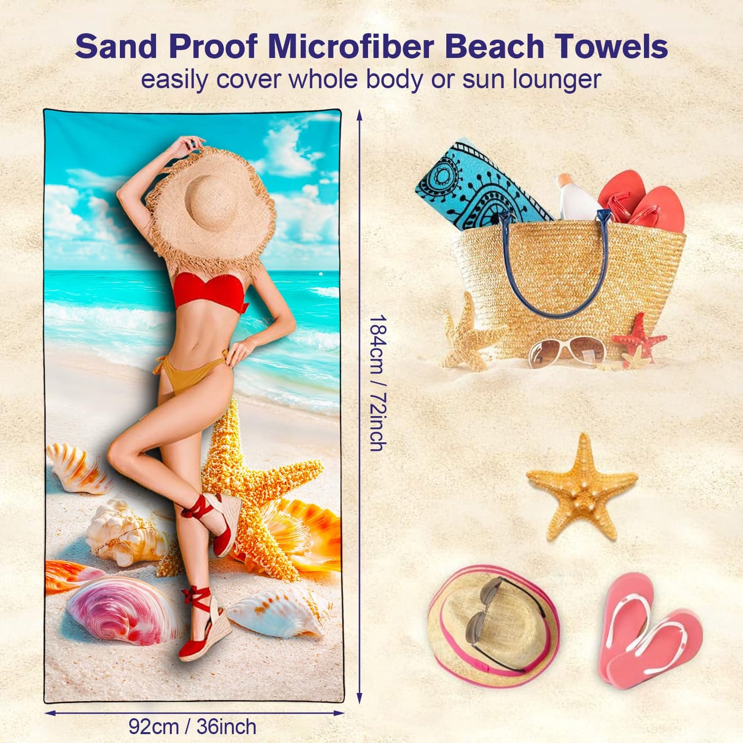 Violetpos Golden Starfish & Shells Beach Towel, Extra Large 180x90 cm 250GSM Microfibre, Sand Free Quick Dry