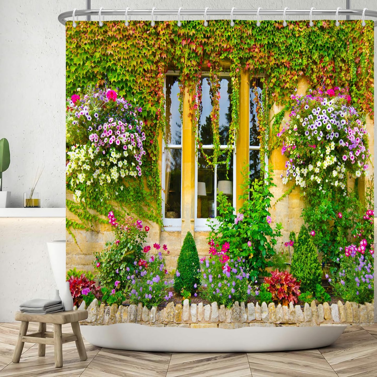 ASDCXZ Garden Shower Curtain 180x200 cm, Spring Garden Outdoor Colorful Flowers Wall Orange Green Leaves Washable Shower Curtains Polyester Textile