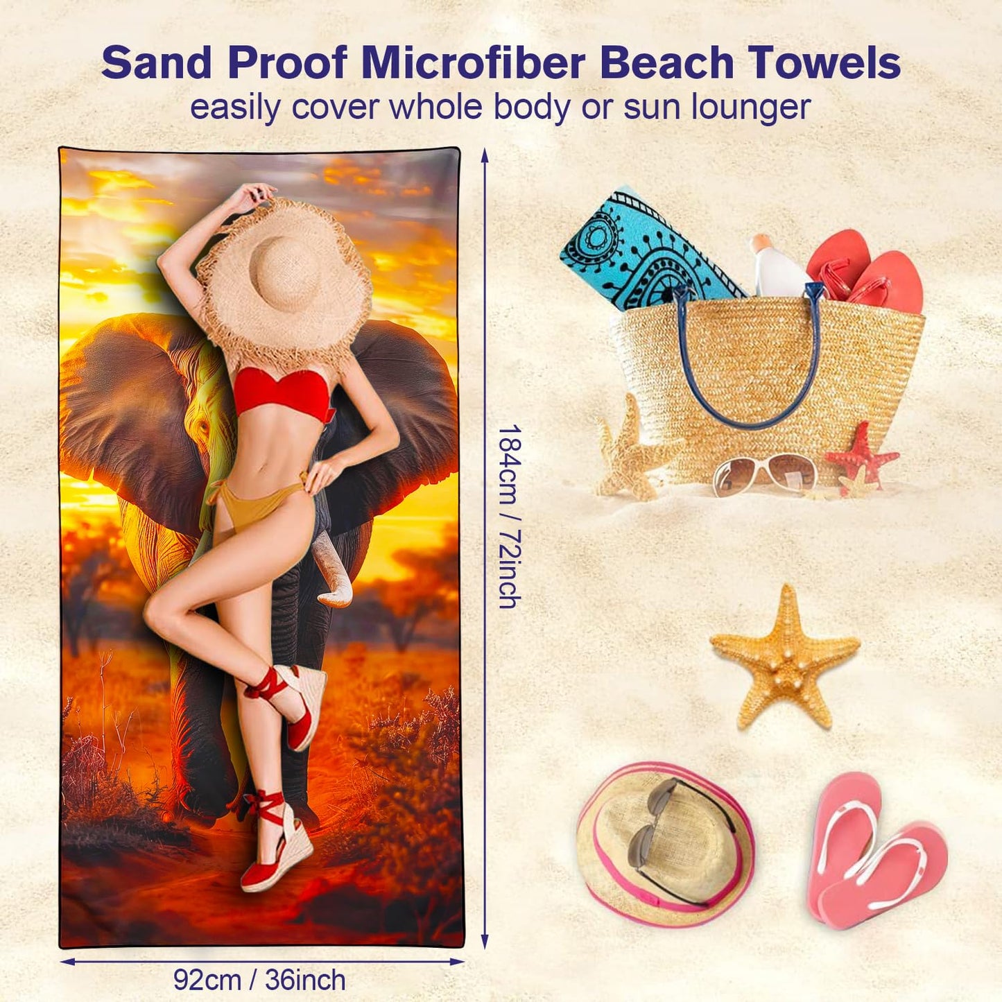 Violetpos Sunset Elephant Beach Towel, Extra Large 180x90 cm 250GSM Microfibre, Sand Free Quick Dry