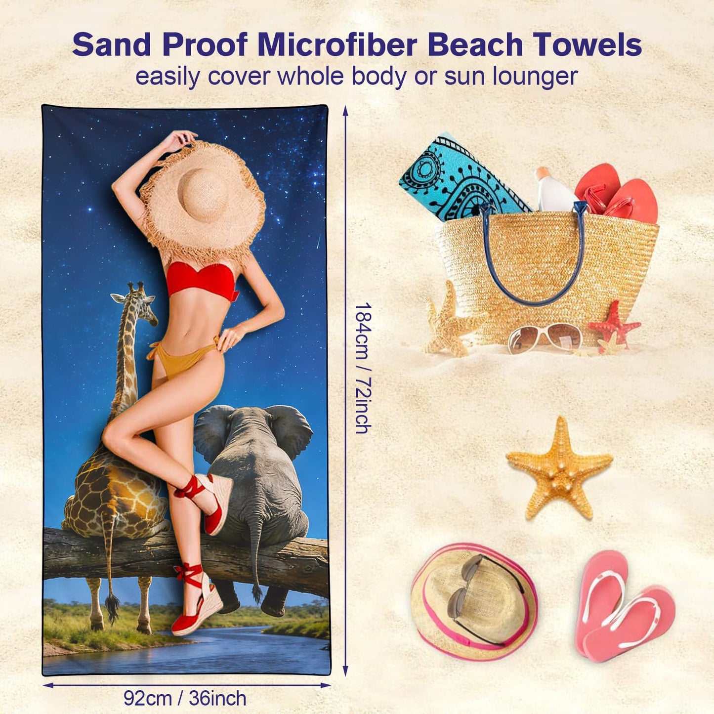 Violetpos Starry Giraffe & Elephant Beach Towel, Extra Large 180x90 cm 250GSM Microfibre, Sand Free Quick Dry