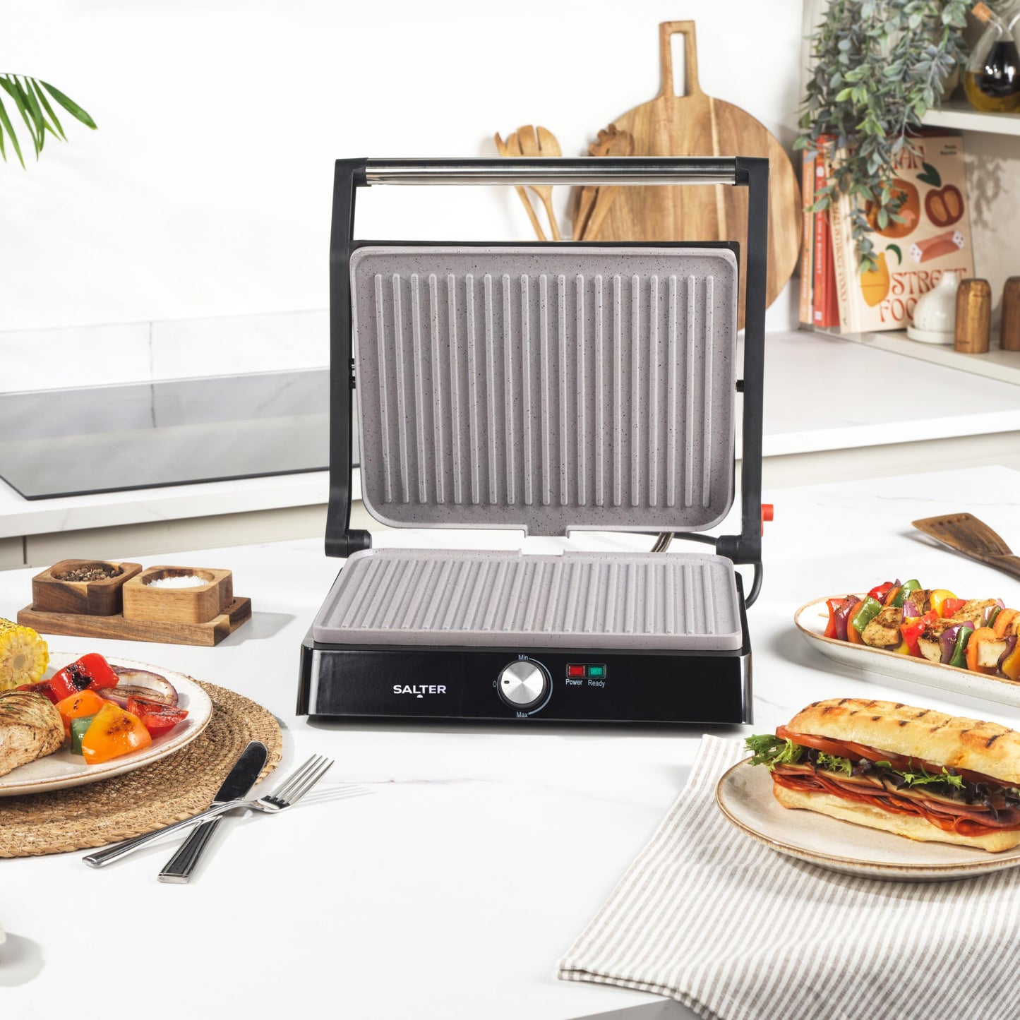Salter Marblestone Health Grill Electric Fold-Out Grill & Panini Maker, Non-Stick XL Plates 29 x 23cm, Opens Flat To 180, Adjustable Temperature