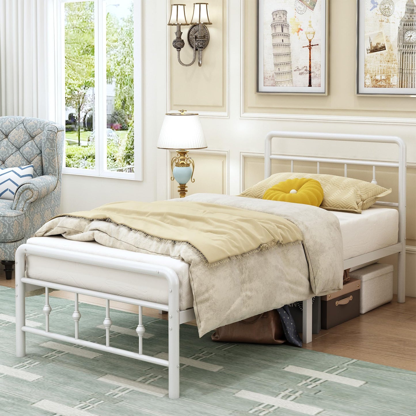 EMODA Single Bed Frame 3ft with Headboard and Footboard, Single Metal Bed Frame 46 cm High with Steel Slats Support, Noise Free, Easy Assembly, White