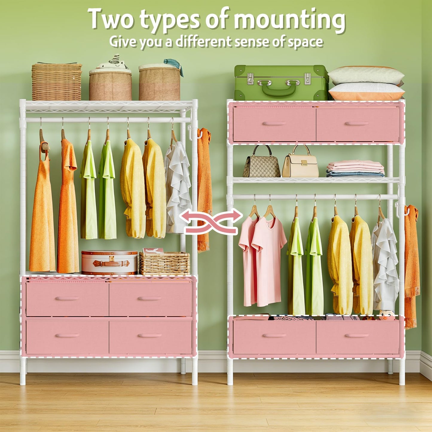FTEYUET Clothes Rail Heavy Duty for Hanging Clothes with 4 Fabric Drawers