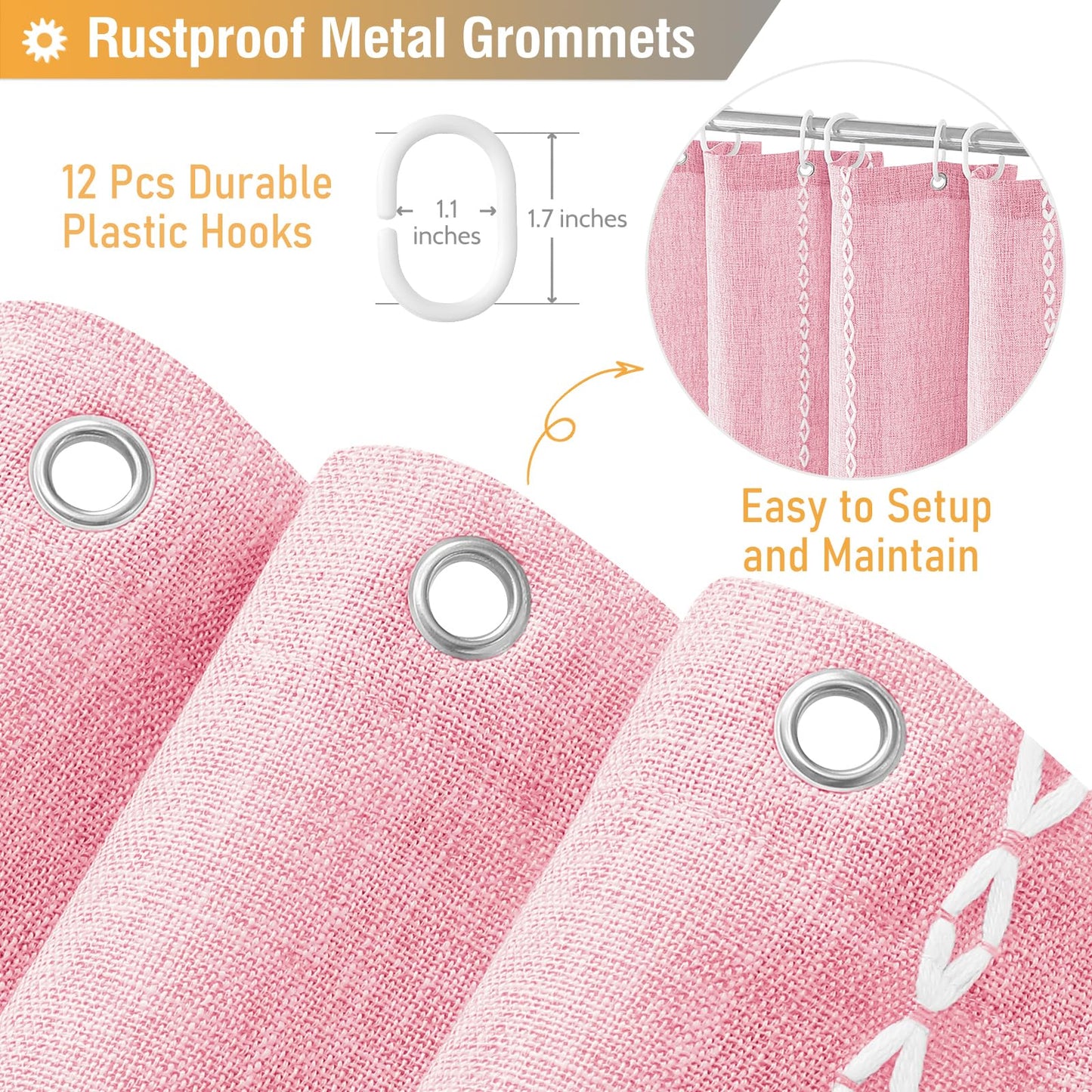 BTTN Long Boho Farmhouse Striped Weighted Shower Curtain, 183x201cm, Pink