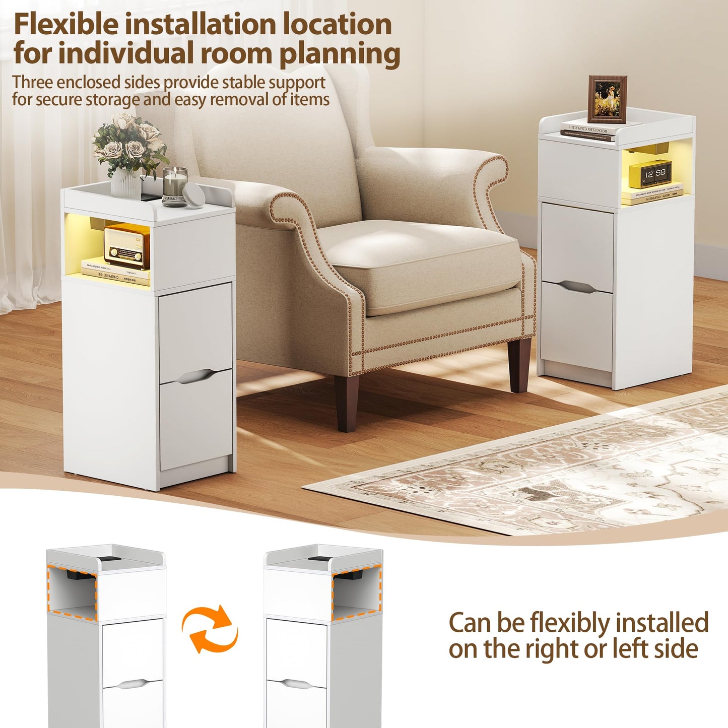 Quikraen Set of 2 Slim Bedside Table with Charging Station&Sensor LED Light