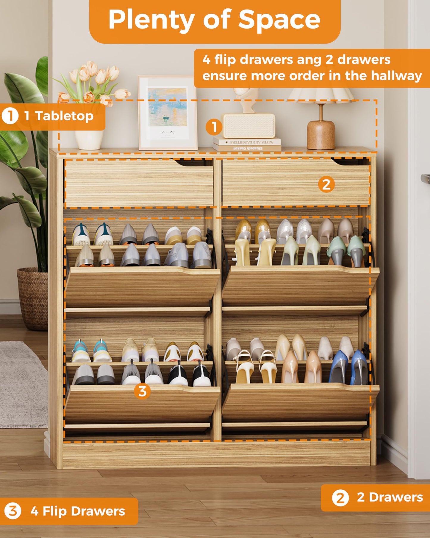 IRONCK Shoe Cabinet with 4 Flip Drawers & 2 Drawers, Freestanding Shoe Rack Cabinet, Shoes Storage Cabinet with Adjustable Shelves