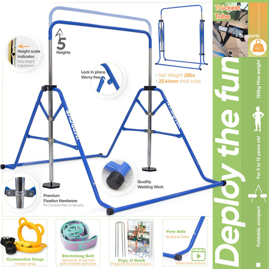 YOUTIFUN Gymnastics Bar, Kids Gym Equipment 5 Level Height Adjustable Pull Up Horizontal Gymnastic Bar, Gymnastics Equipment for Home for Girls & Boys