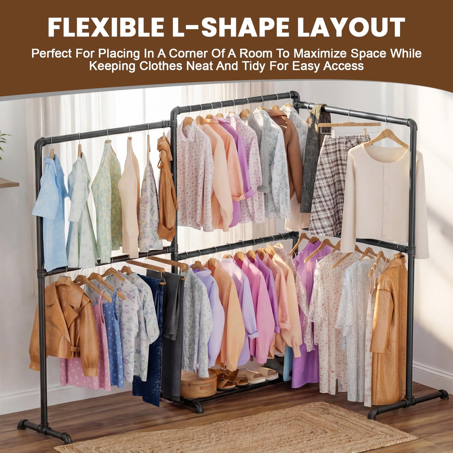 OPPAIYA Heavy Duty Clothes Rail, Up to 294cm Extra Large Clothes Rail for Bedroom, 6 Rails Flexible L/U-Shaped Open Wardrobe