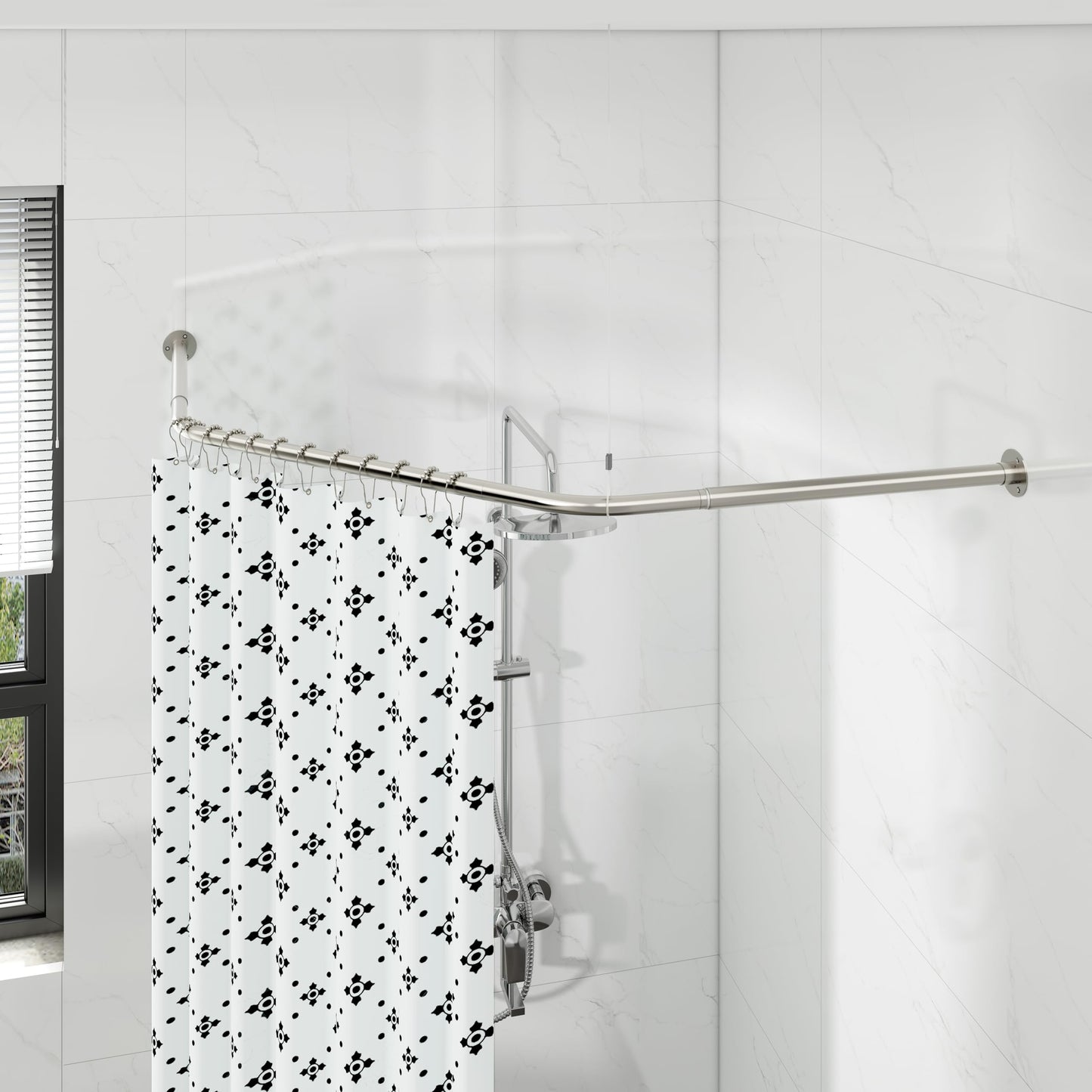 Corner Shower Curtain Pole, Diamond Shaped Shower Rail, Curved Shower Curtain Rod for Bathroom, Stainless Steel with 12 Ring Hooks & Ceiling Support