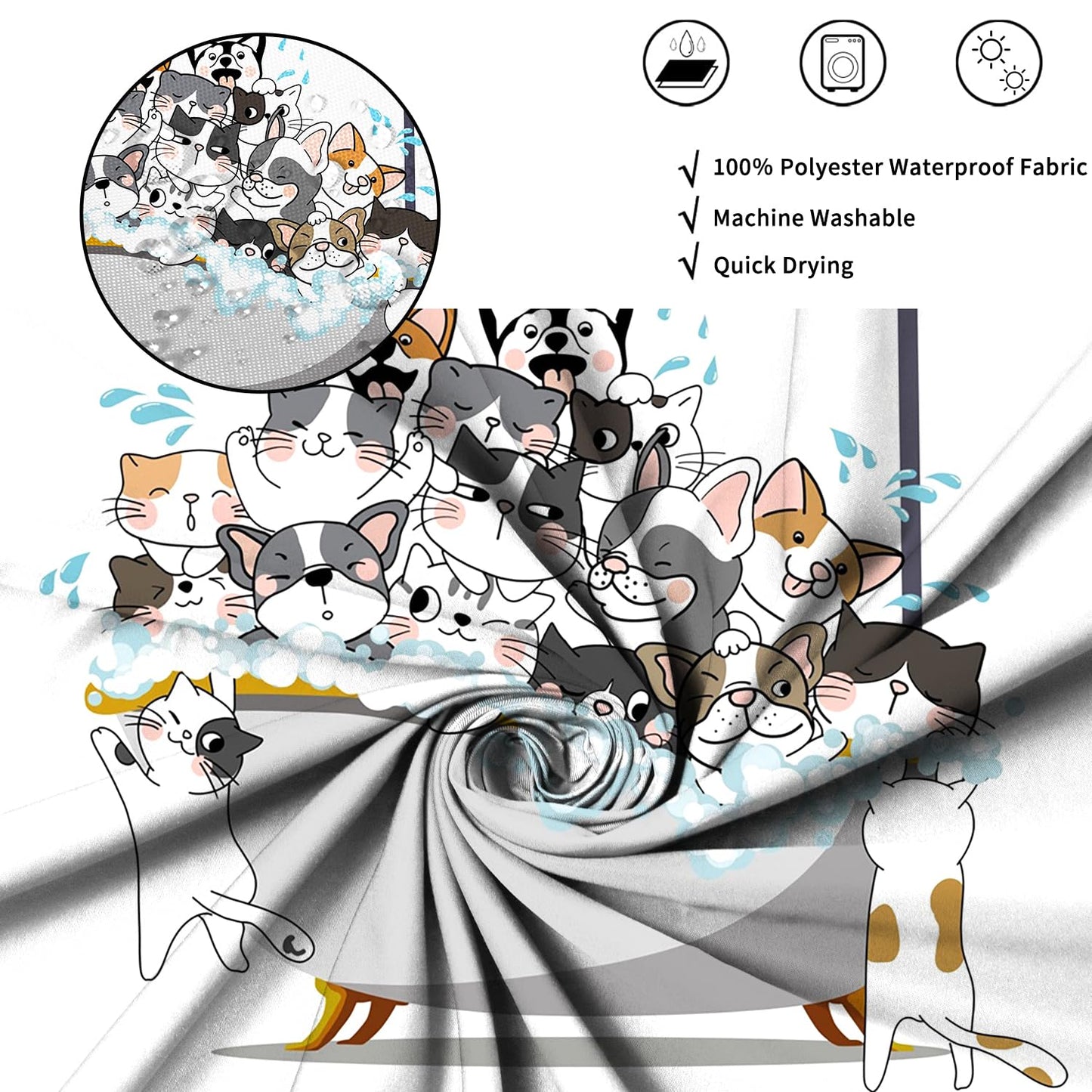 ASDCXZ Funny Cat Shower Curtain 180x200 cm, Cute Colorful Kitten Puppy Kids Bathroom Animal Hilarious Waterproof Bath Curtain Polyester Textile