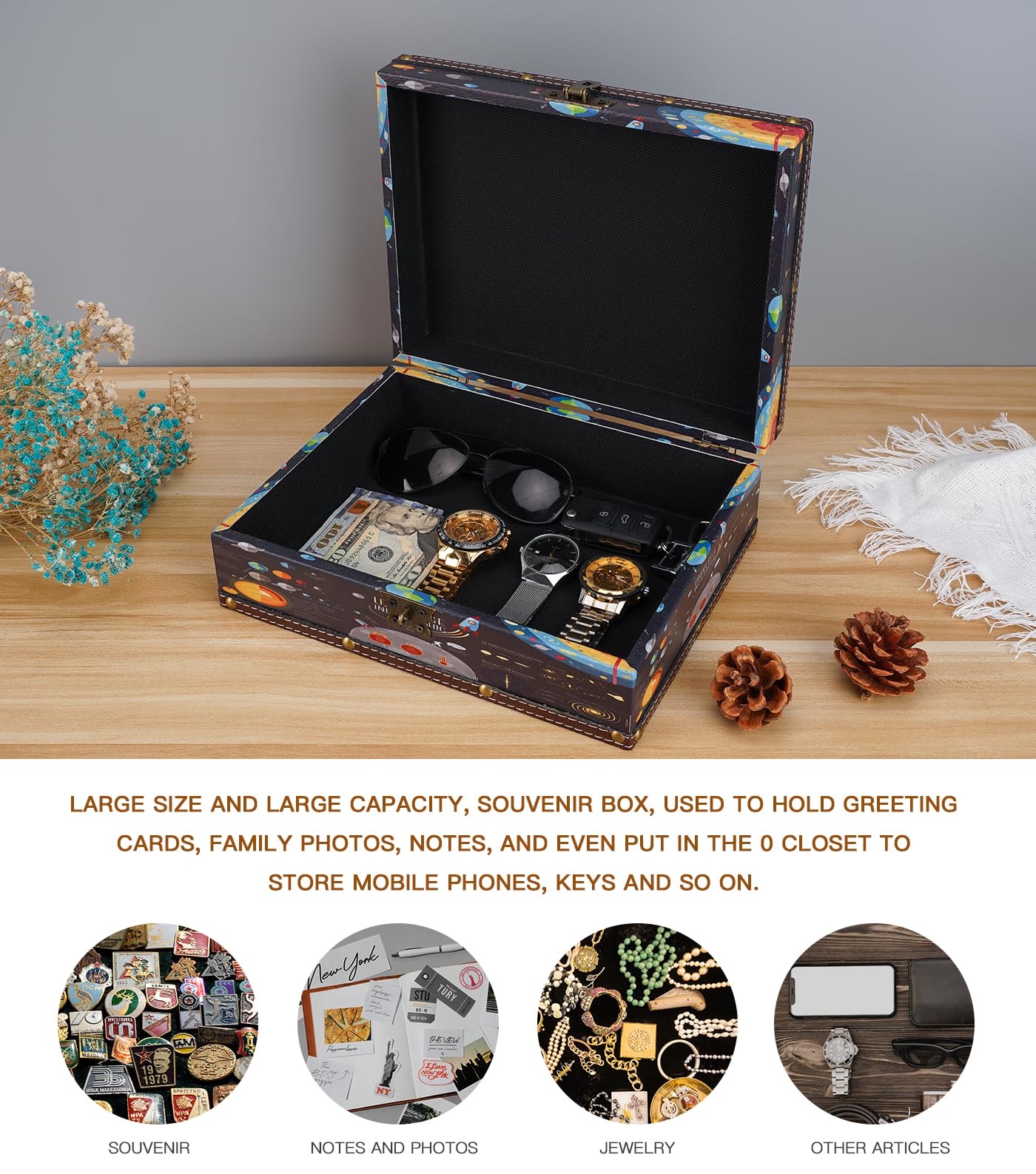 Wood and Leather Treasure Chest with Lid and Lock-Decorative Jewelry Keepsake Storage Box for Kids
