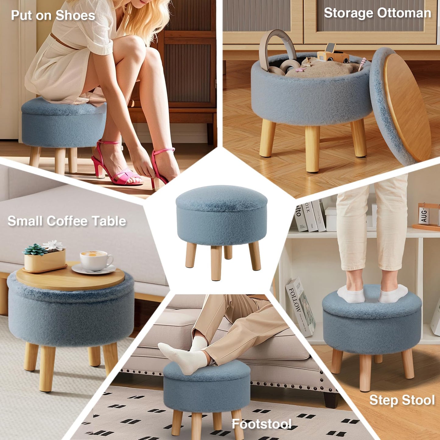 BRIAN & DANY Footstool with Storage, Faux Fur Round Storage Ottoman, Foot Stool with Legs Sofa Footrest for Living Room Entryway Office, Blue