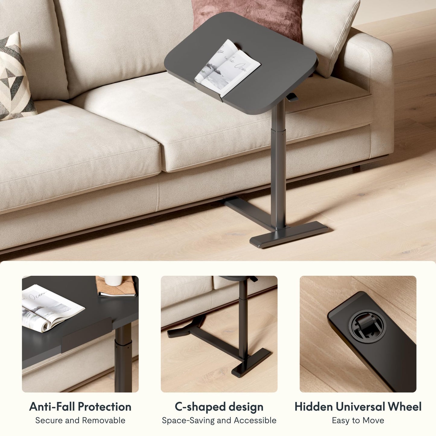 FLEXISPOT Overbed Table with Wheels, Adjustable Height Bedside Table, Rolling Laptop Desk for Bed Sofa, Small Standing Desk 60 x 40 cm
