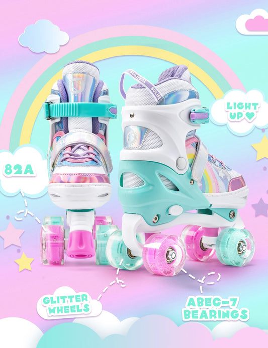 SULIFEEL Rainbow Unicorn 4 Size Adjustable Light up Roller Skates for Girls Boys for Kids - Small 9C-12C UK