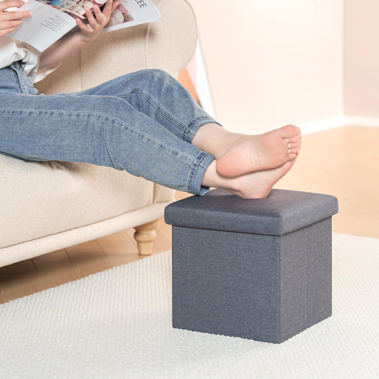 Bonlife Grey Small Ottoman Storage Box with Lid,Foot Rest Stool with Storage,Linen Toy Chest Box,Folding Footstool Cube Seat for Living Room 11.8"