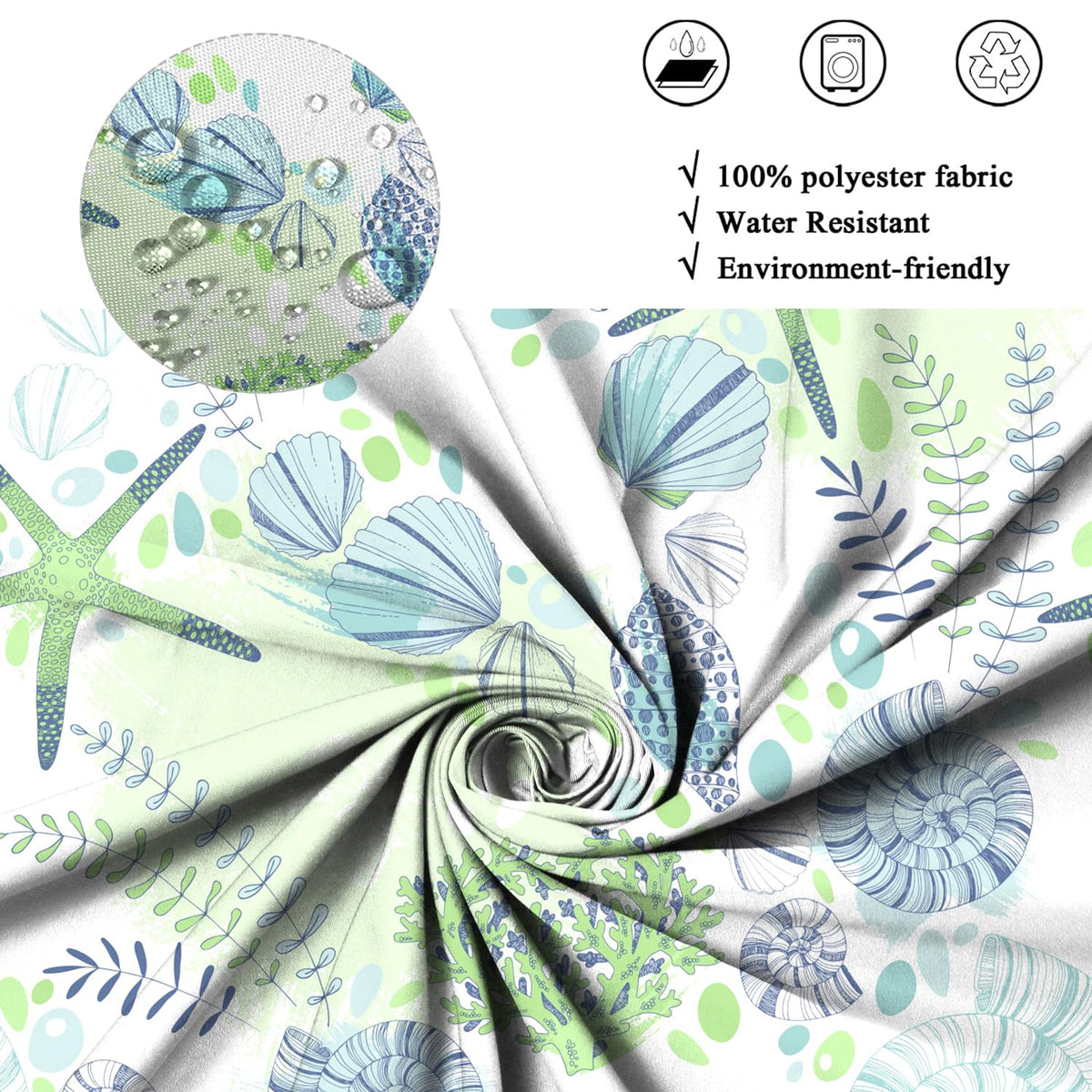 ASDCXZ Maritim Shower Curtain 180x200 cm, Blue Green Sea Animals Starfish Shell Leaves Maritime Nautical Washable Shower Curtains Polyester Textile