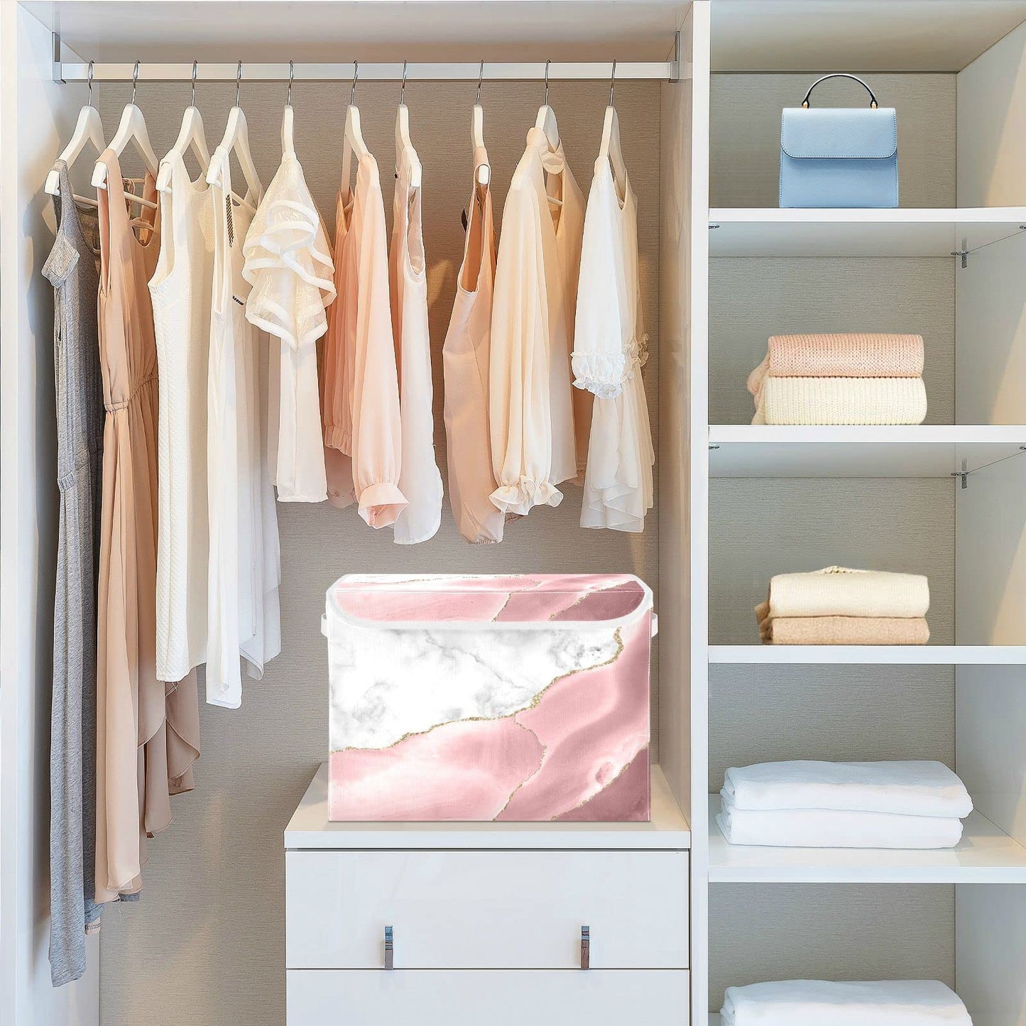 Mnsruu Storage Boxes with Lids, Rose Gold Marble Gilt Large Storage Basket Organizer Shelves Cube Bin Toy Clothes Underbed
