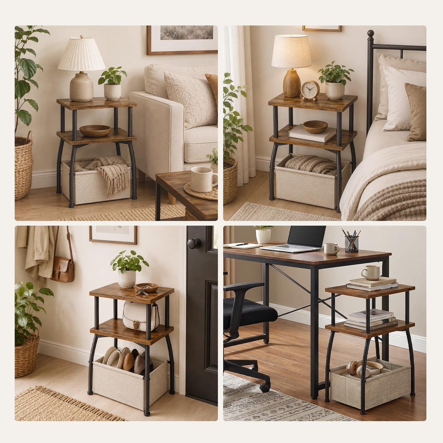 HOOBRO Narrow Side Table, 3-Tier Small Table with Linen Storage Basket, Sofa Side Tables for Small Space