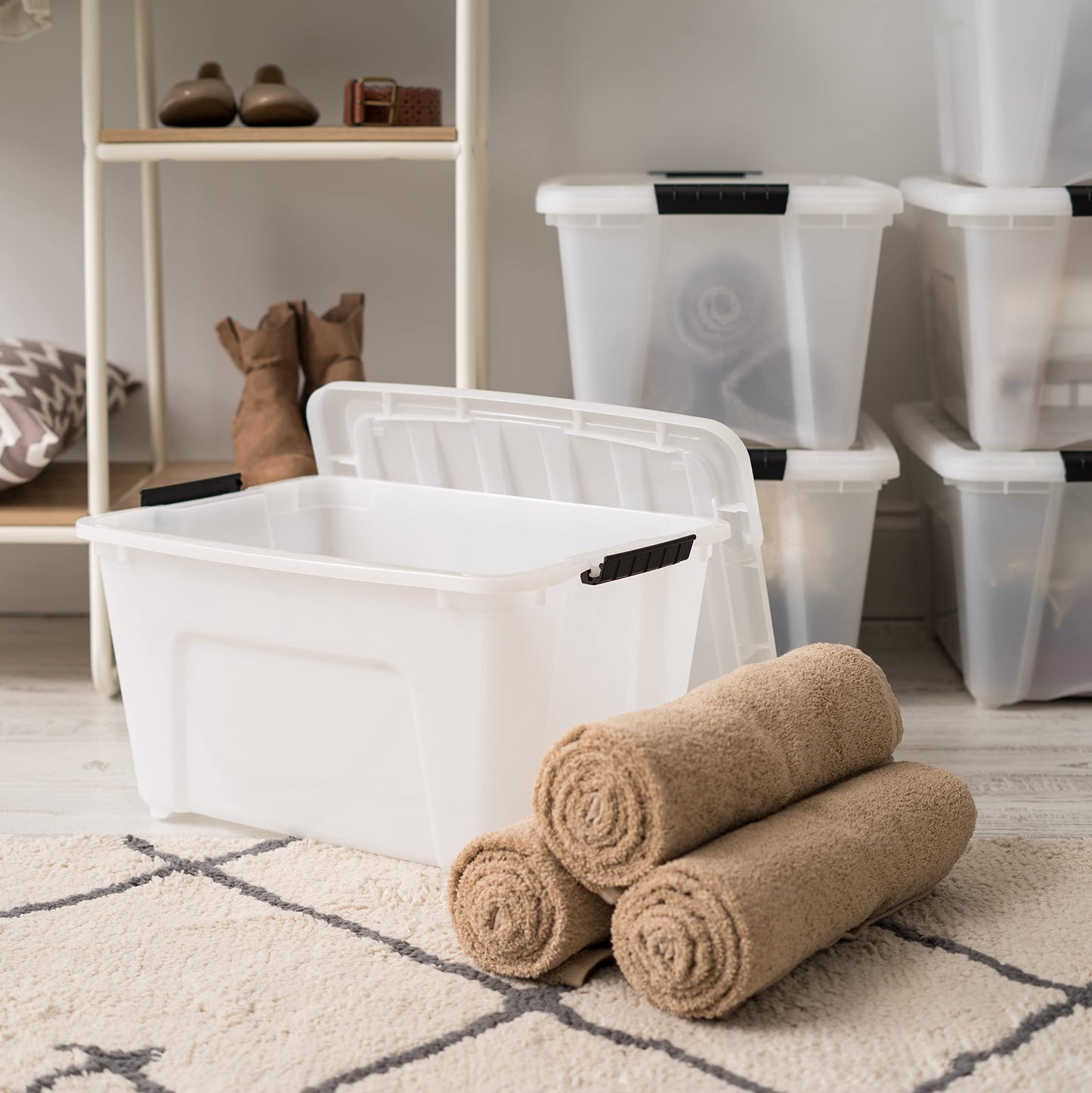 IRIS USA, Inc. Plastic Storage Bin Tote Organizing Container with Durable Lid and Secure Latching Buckles, Stackable and Nestable, Pearl/Black, 32 Qt