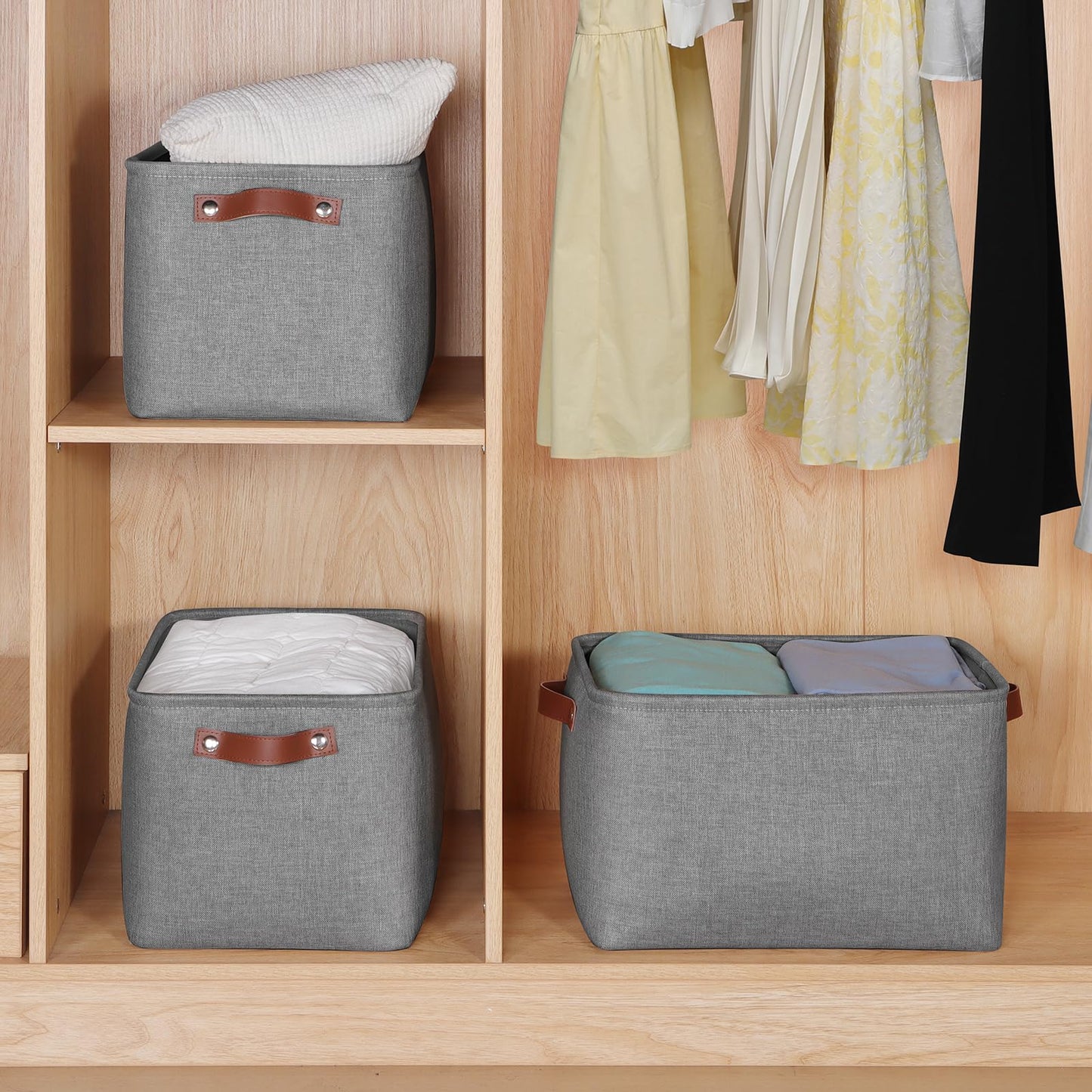 Syeeiex Large Storage Baskets for Shelves with Leather Handle, Foldable 3 Pack Fabric Stoarge baskets for Organizing Home, Toys, Office, Clothes, Grey