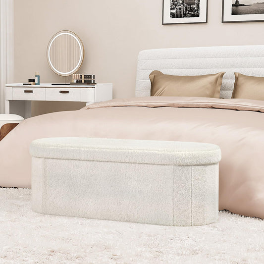 Bonlife Folding Ottoman Storage Bench,Boucle Footstool Oval, End of Bed Stool, Ideal for Living Room, Bedroom, 100L Storage Space,White