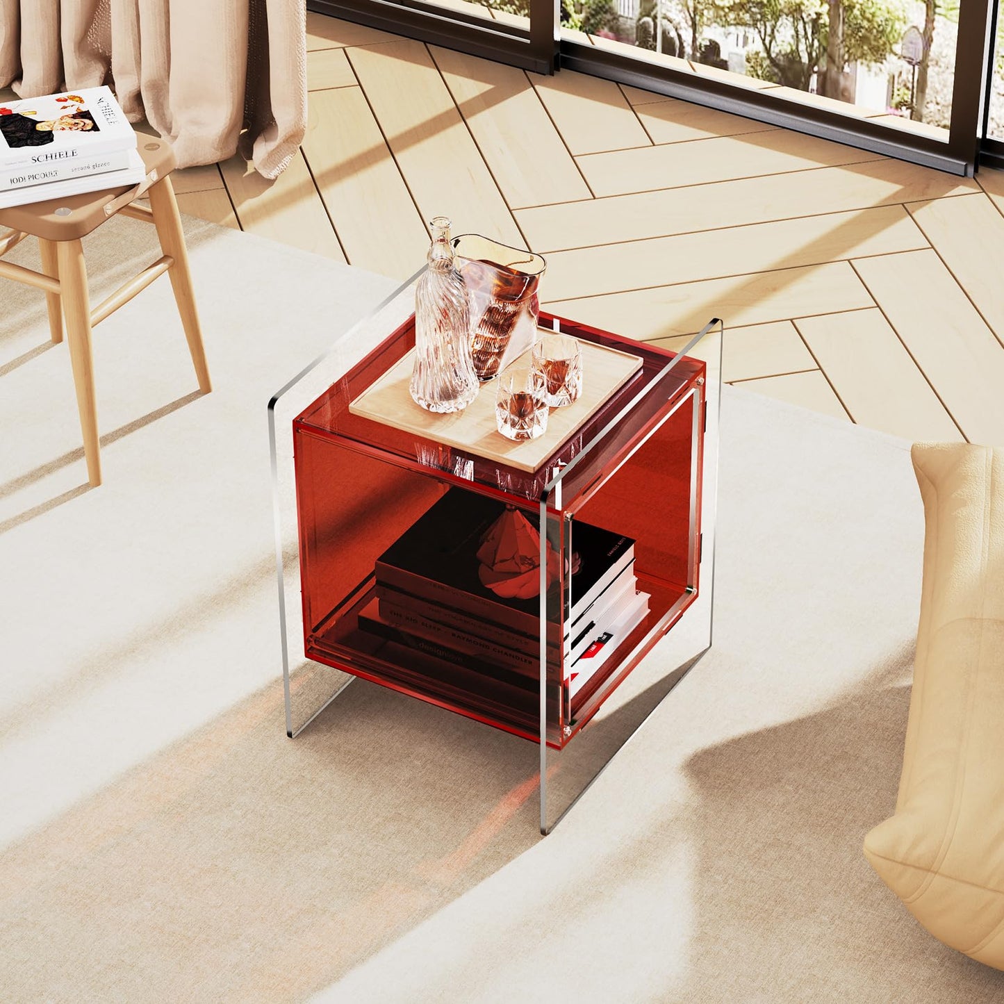 solaround Colored Cube Acrylic Bedside Side Table, 46 x 40 x 55 cm, Red