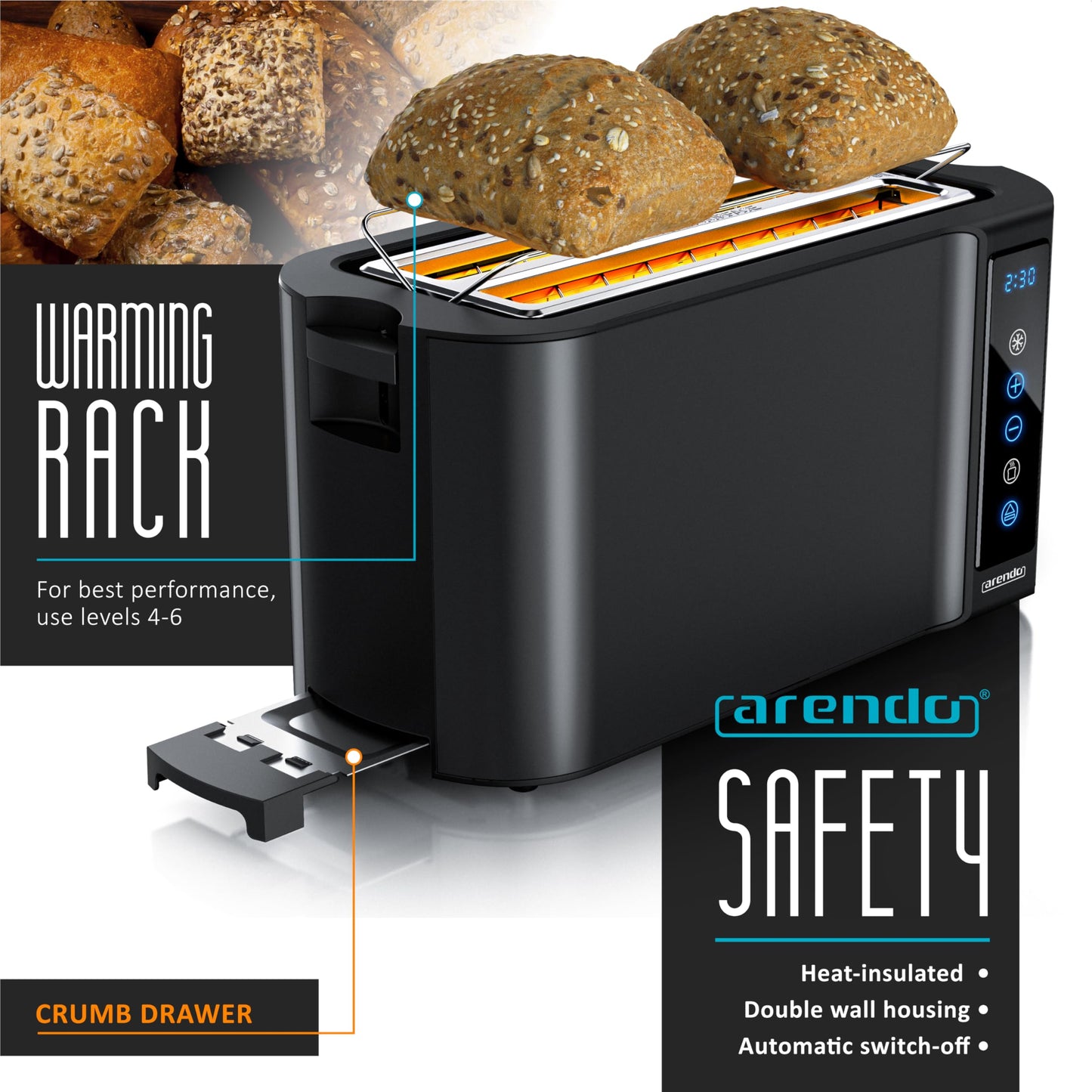 Arendo - 4 Slice Long Slot Toaster - Touch Panel - Remaining Time Display - Double Wall Housing with Warming Rack 7 Browning Settings Auto Bread