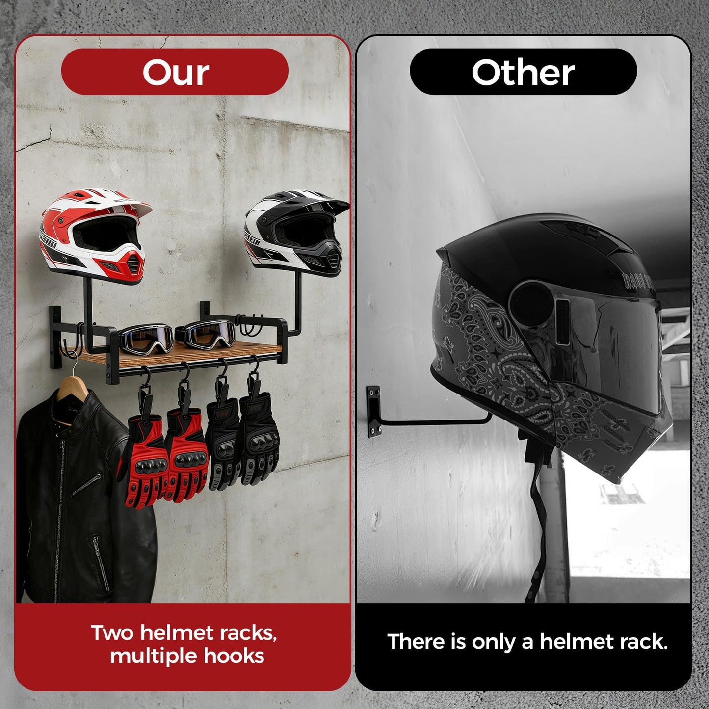 Motorcycle Helmet Holder Wall Mount, Stand for 2 Helmets with 4 Glove Hooks