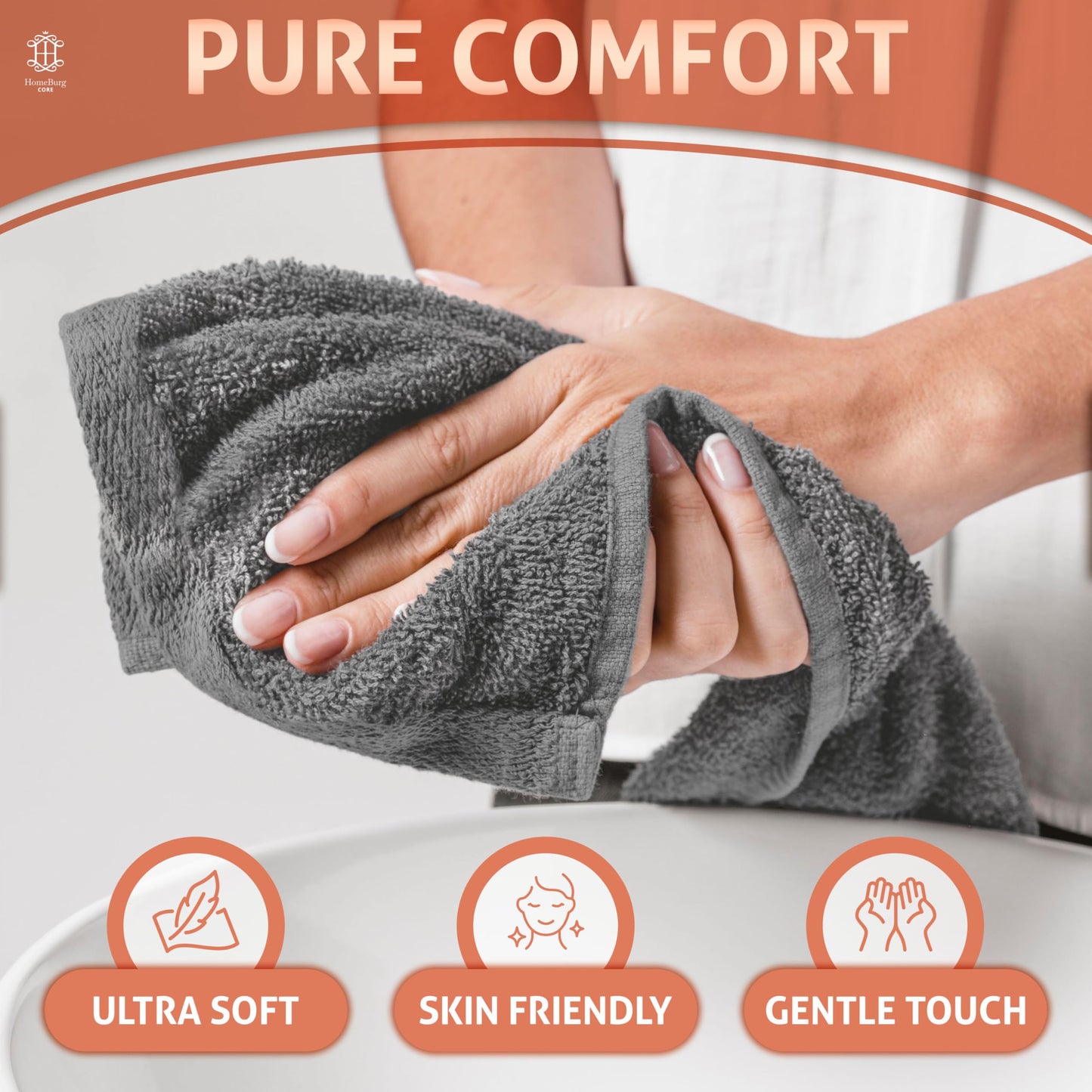 HomeBurg CORE 10-Piece Cotton Washcloths for Bathroom and Kitchen
