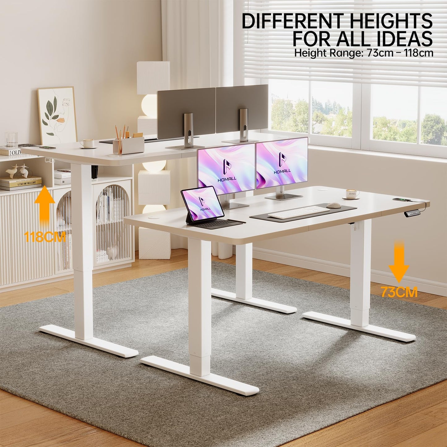 Homall Electric Height Adjustable Desk, Adjustable Height Office Desk with USB Ports, 120x60cm, Home Office with Splice Board, White