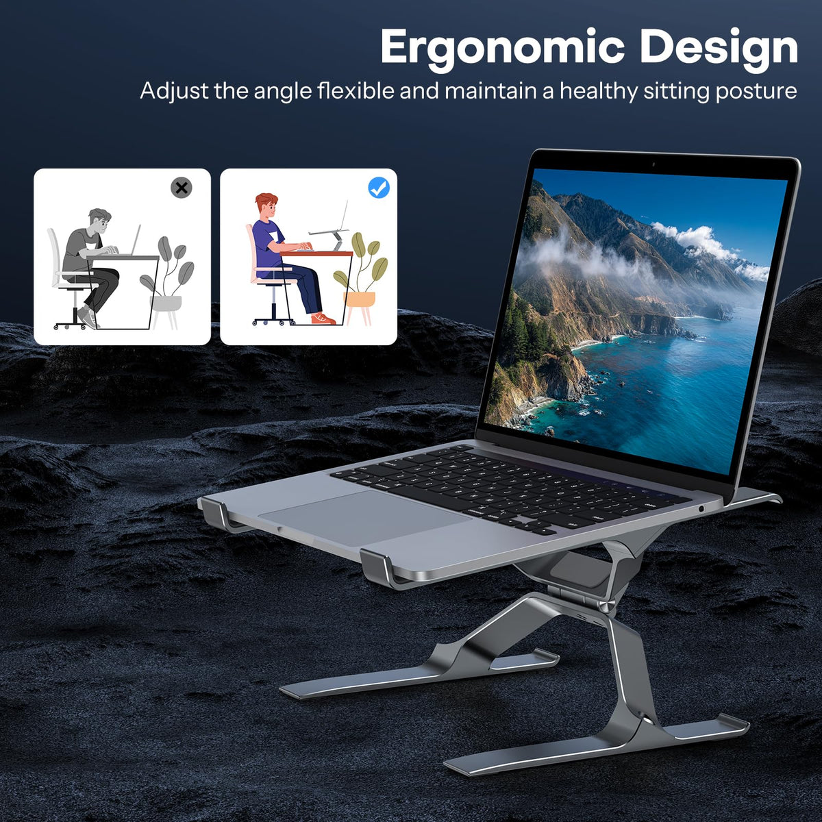 OMOTON Aluminium Laptop Stand, Adjustable Notebook Stand with Ventilation, Ergonomic Detachable Laptop Riser, Compatible with MacBook and all laptops