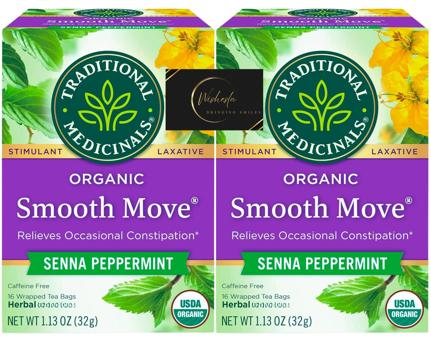 Senna Tea Bags Bundle with Traditional Stimulant Laxative Tea (2x16 bags) Smooth Move Organic Peppermint Caffeine Free and Wishesla Thank you card