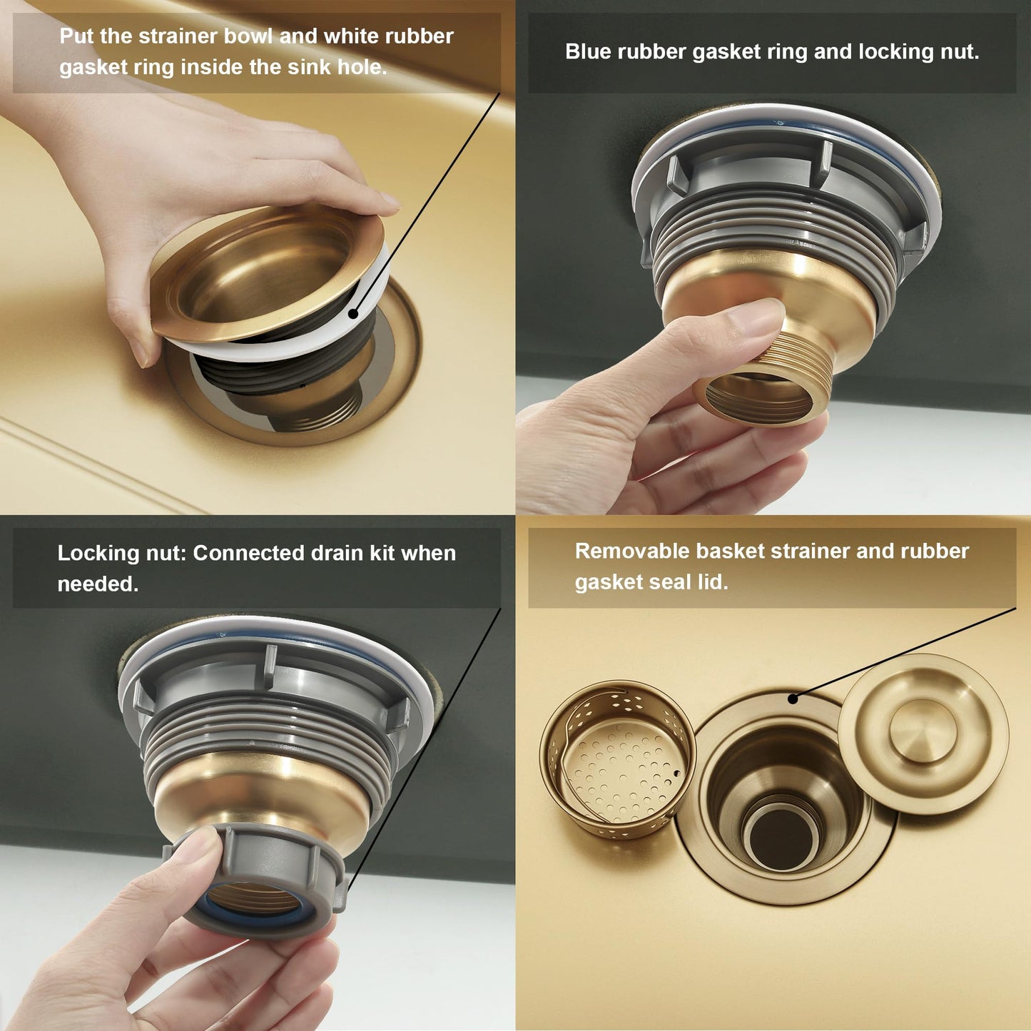 LQS Kitchen Sink Drain Strainer Assembly, Sink Drain 304 Stainless Steel with Removable Deep Waste Basket and Sealing Lid 3-1/2-inch Golden