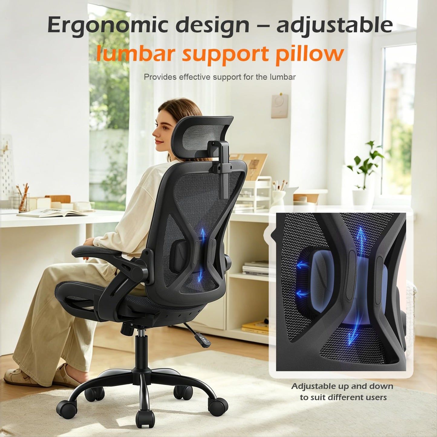 YONISEE Office Chair, Ergonomic Desk Chair with Adjustable Padded Lumbar Support, Flip-Up Armrests, Breathable Mesh Seat