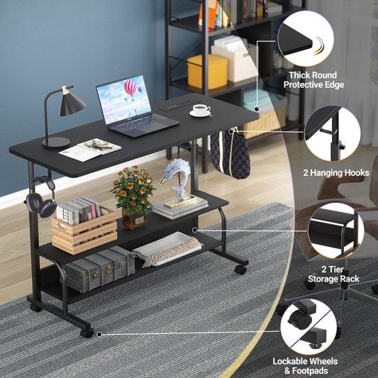 iSunirm Standing Desk with Power Outlets & USB, Height Adjustable Desk 70-104cm on Wheels, Small Portable Computer Desk for Home Office