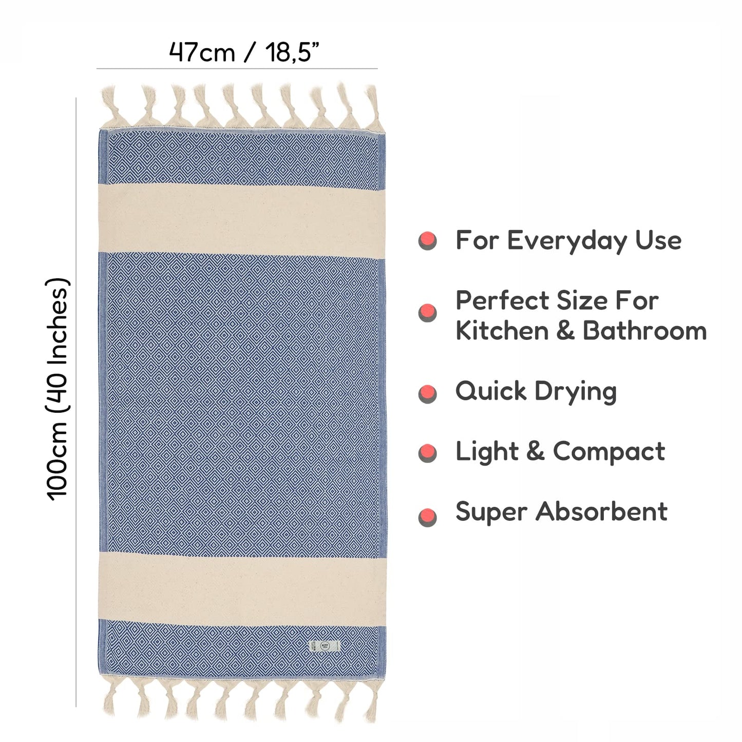 KZY LONDON Turkish Hand Towel Set of 2 - Towel for Kitchen and Bathroom - 50x100cm, 18,5x40 Inches