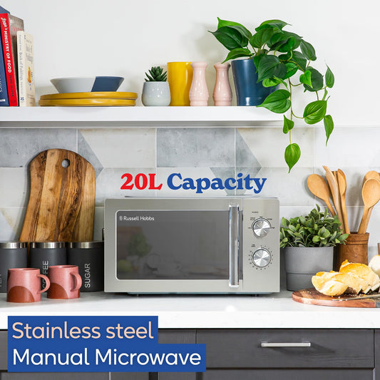 Russell Hobbs Stainless Steel Microwave 20 Litre 800W Solo Manual with 5 Power Levels, Defrost Function & Easy Clean, 35 Minute Timer, RHMM827SS