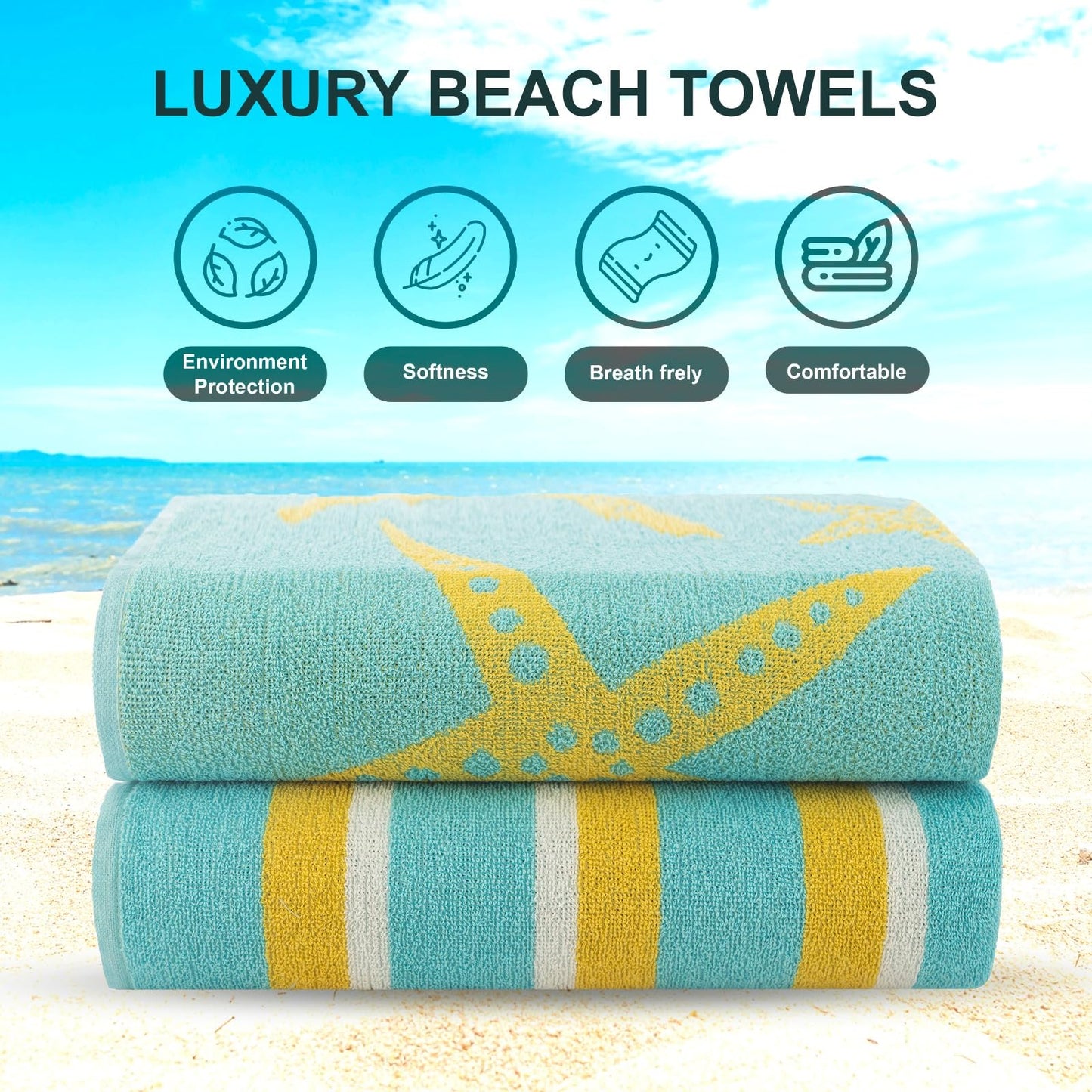 CASA COPENHAGEN Miami bath towels, set of 2, made of cotton, quick-drying and durable, 88 x 177 cm - Starfish Teal + Yellow striped