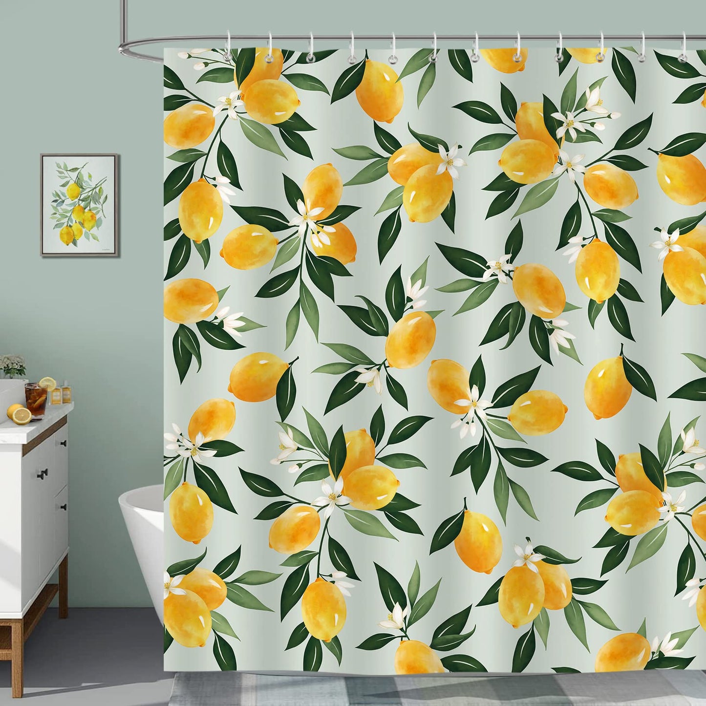 Bonhause Lemon Shower Curtain 180 x 200 cm Fruit Green Leaves Summer Bathroom Curtain Waterproof Mildew & Mould Resistant Polyester Fabric Bath