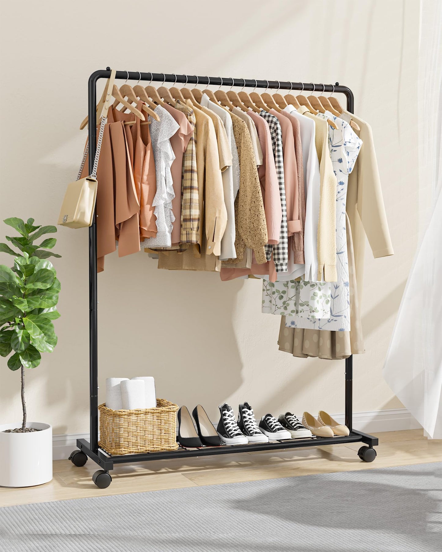 Sakugi Movable Clothes Rail with Shoe Shelf, 110x43x149cm, Black