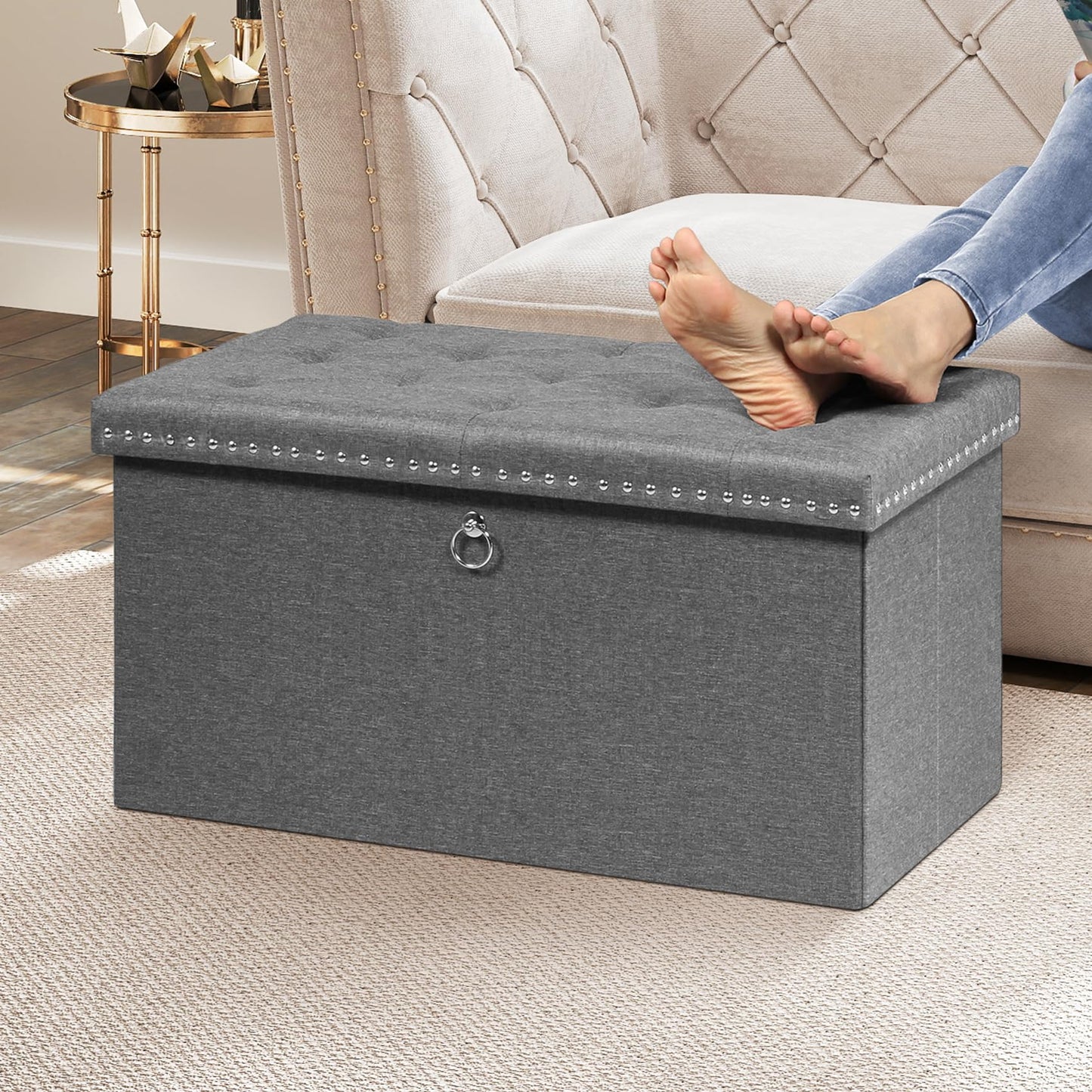 Bonlife Folding Ottoman Storage Bench, Coffee Table with Tray, Large Footstool for Living Room, Footrest Stool, Grey, Linen, 80x40x40cm