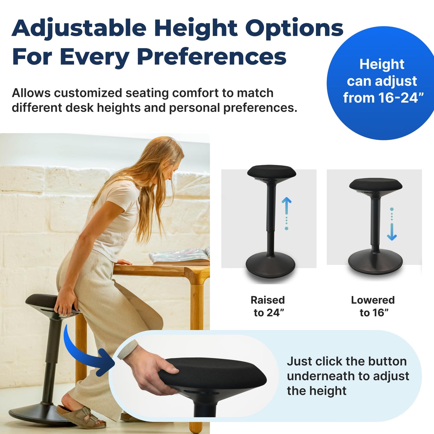 Backerz Ergonomic Desk Stool for Office – Height Adjustable Wobble Stool 40-60 cm