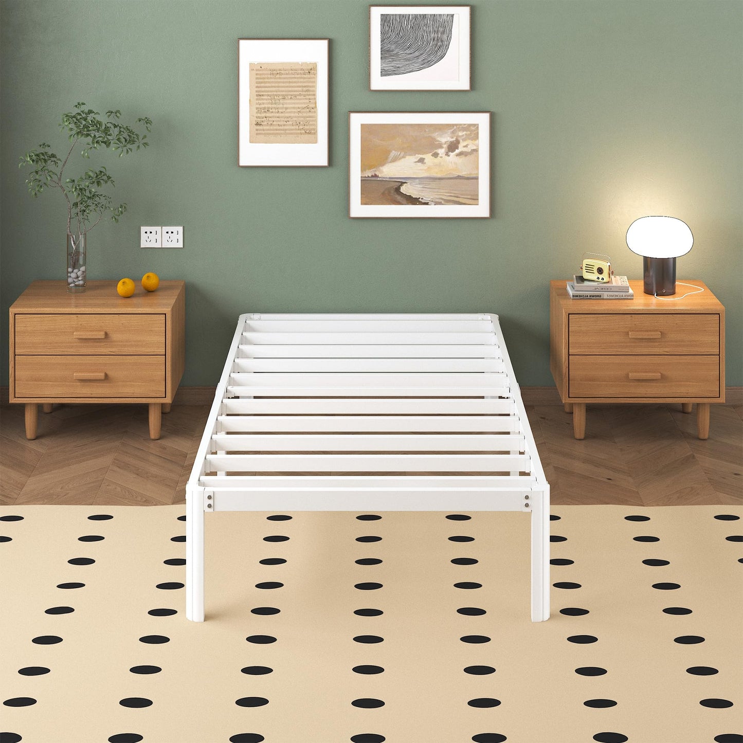 Lutown-Teen Metal Bed 80 x 190 cm with Round Legs, 36 cm Height Bed Frame Single Bed with Metal Slatted Frame, White