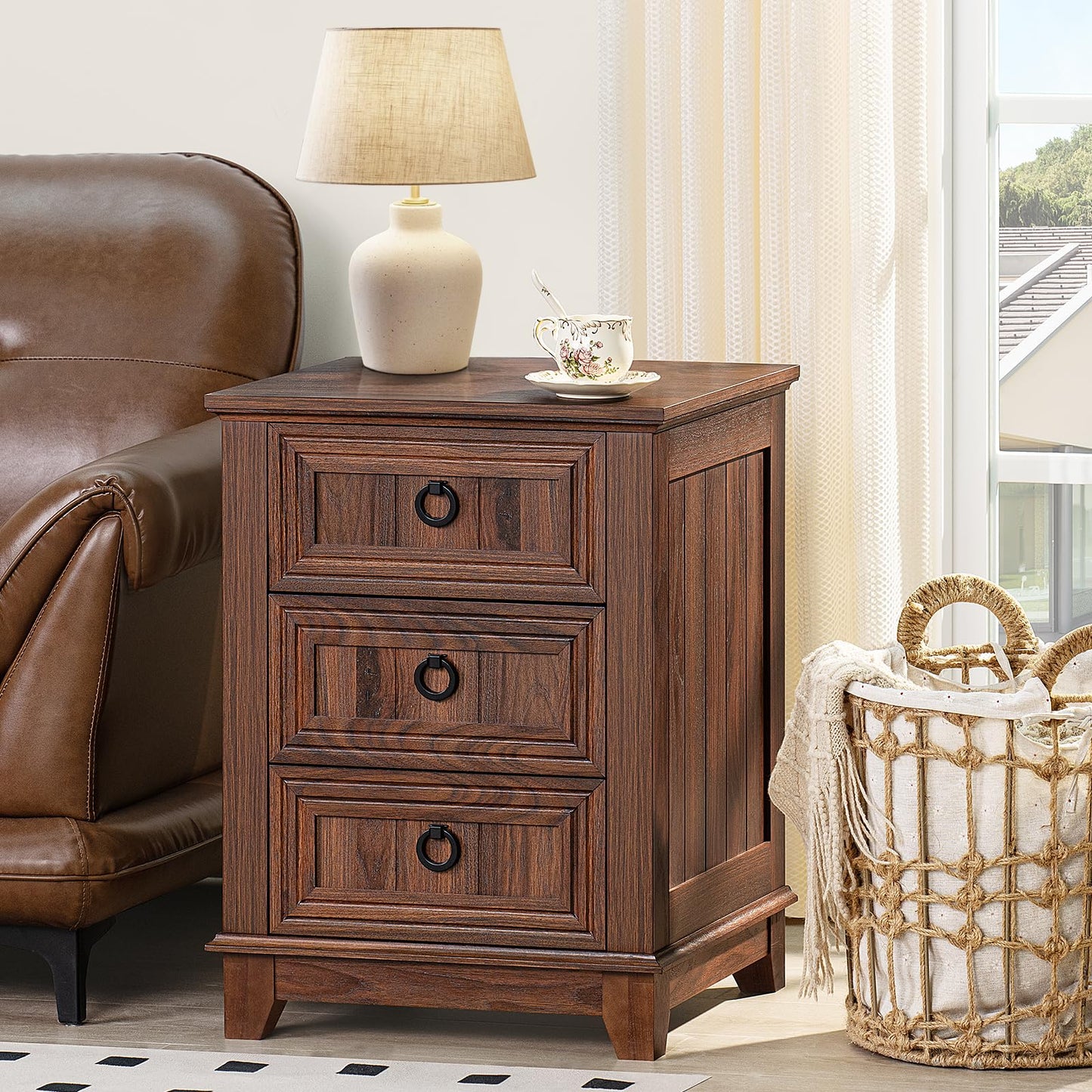 LELELINKY 46 cm Country Style Bedside Table with 3 Drawers, Side Table Chest of Drawers for Bedroom,brown Bedside Table, Wooden Bed Side Table with