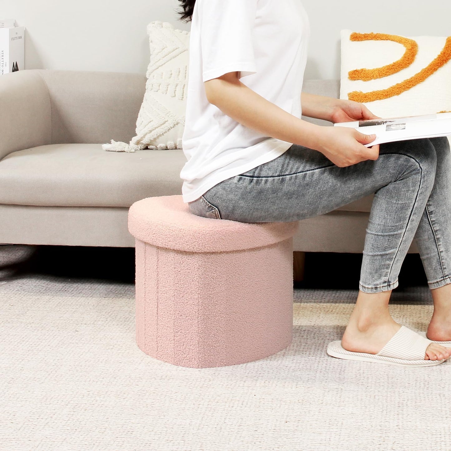 Bonlife Pink Boucle Ottoman with Storage,Foldable Footstool for living room,Toy Chest,Storage Seat,Teddy Heart Shape Footrest,38X38X32cm