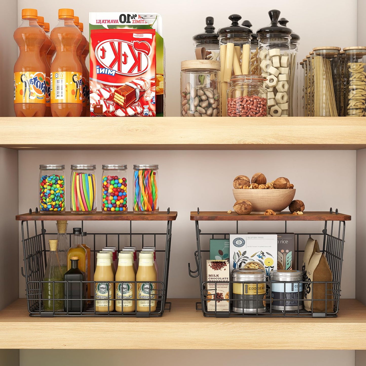 Delamu 2 Pack Potato and Onion Storage, Pantry Organizer and Storage with Wood Top, Kitchen Counter