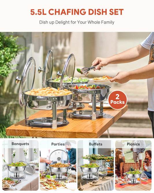 WILPREP Chafing Dish Buffet Set, 2 Pack 5.5L Round Chafers for Catering with Glass Lid & Lid Holder Water Food Pan, Stainless Steel Food Warmers